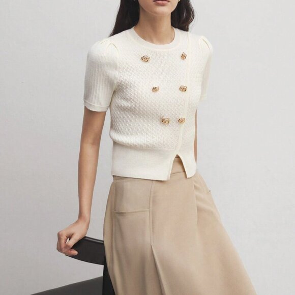 Apricot Casual Women's Stretchy Color Knitted Top With Flower Buckle - Picture 5 of 8